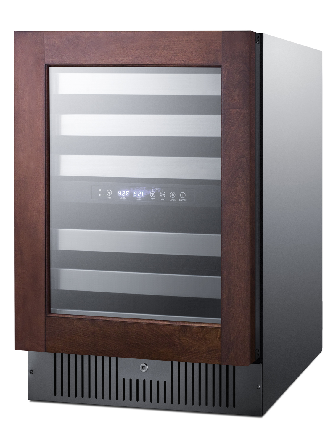 Dual zone built-in wine cellar designed for the display and refrigeration of beverages, with digital thermostat, panel-ready glass door, and black cabinet